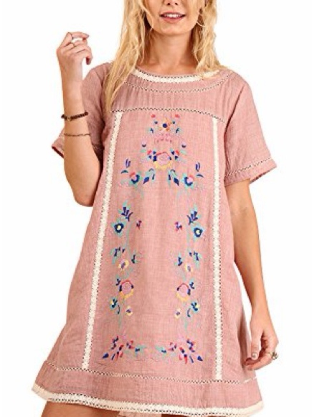 Umgee Shift Dress with Embroidered Floral Detail